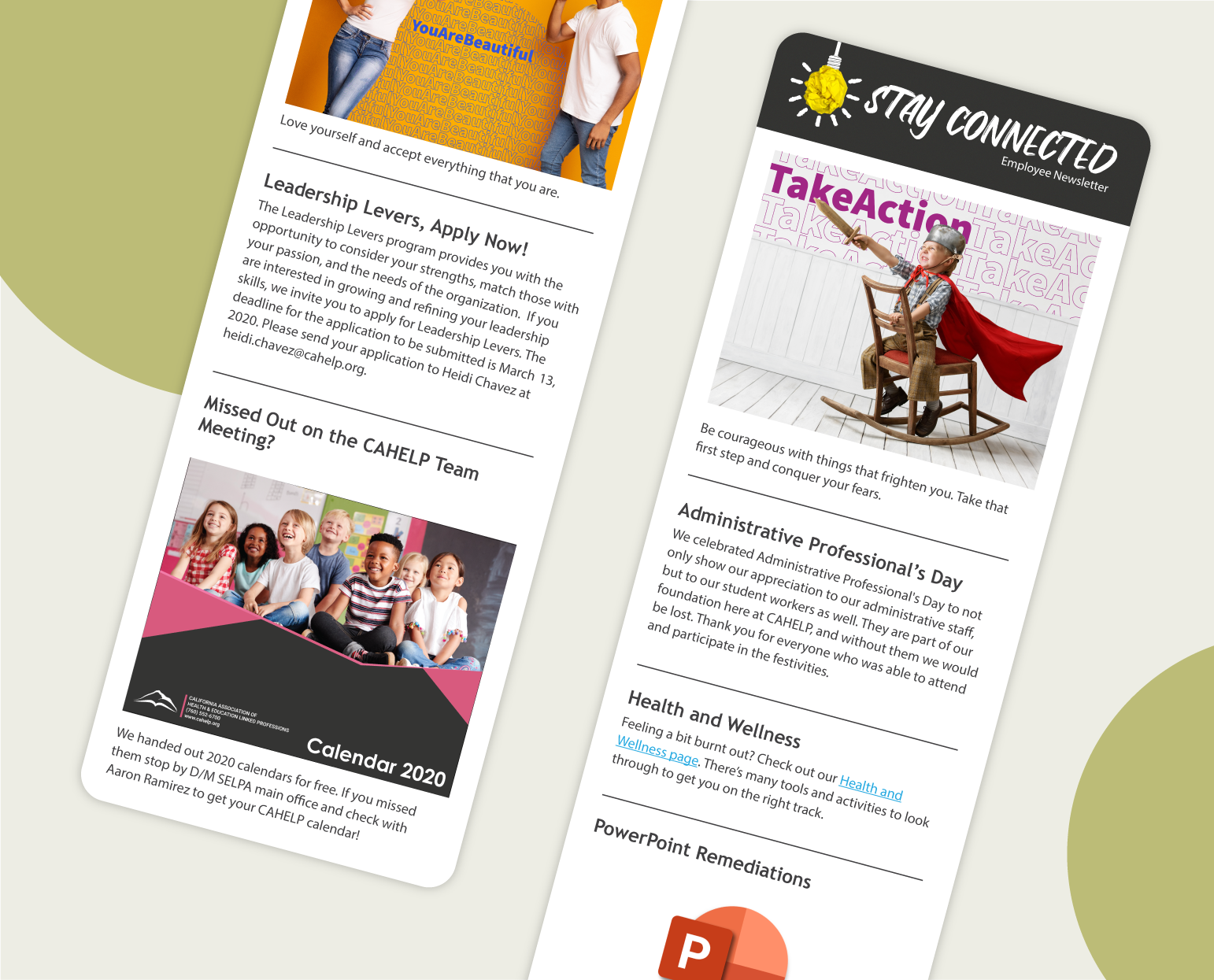 Newsletters containing information about upcoming events and accessibility