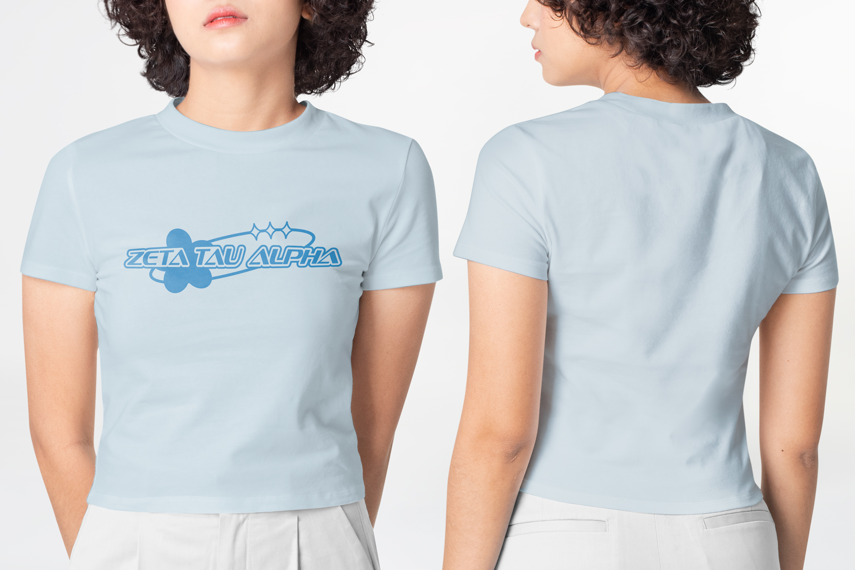 Y2k logo on a light blue shirt